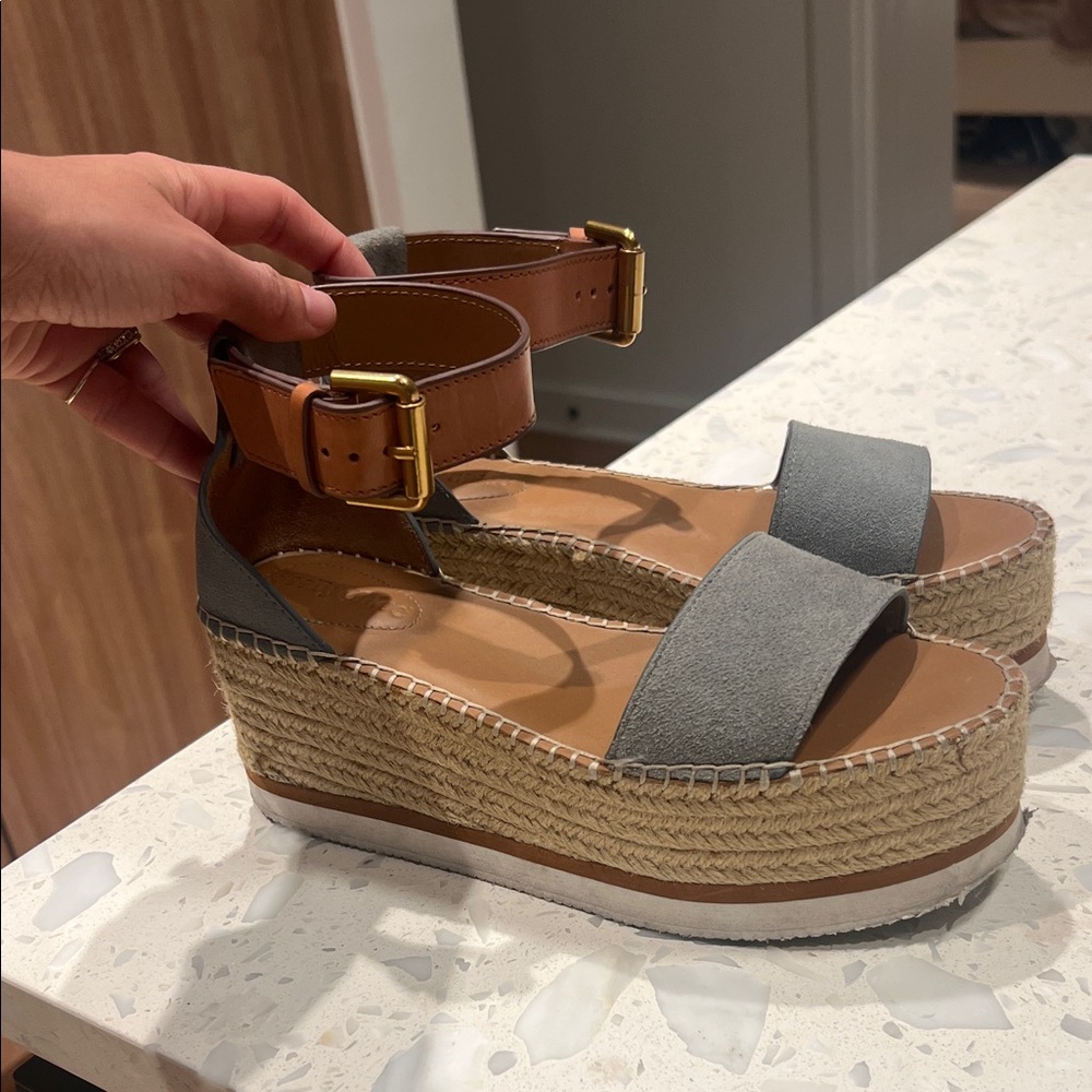 See By Chloe blue and Tan Wedge Sandals